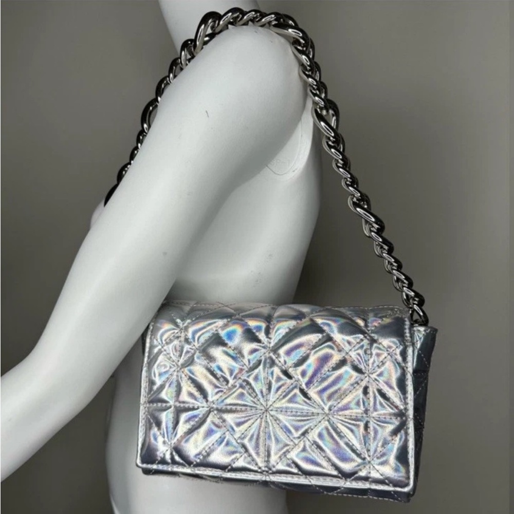 ZARA PLATINUM IRIDESCENT QUILTED CHAIN SHOULDER BAG PURSE